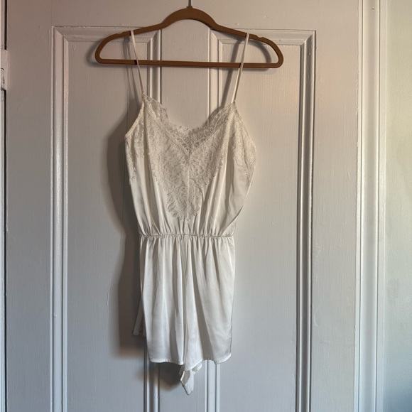 Lulus Be My Love White Satin Lace Lounge Romper - Size - Picture 2 of 6